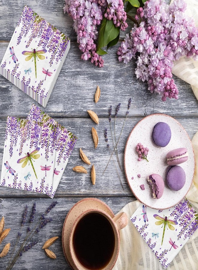 JarThenaAMCS مناديل ورقية من JarThenaAMCS، 50 قطعة، بنقشة زهور الوستارية الأرجوانية واليعسوب، مثالية للغداء والعشاء والحلويات، ومناسبة لحفلات الزفاف وأعياد الميلاد في فصل الربيع. - Image 4